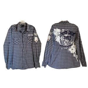 Blac Label Western Shirt Men Large Plaid Navy Pearl Snap Long Sleeve Embroidered